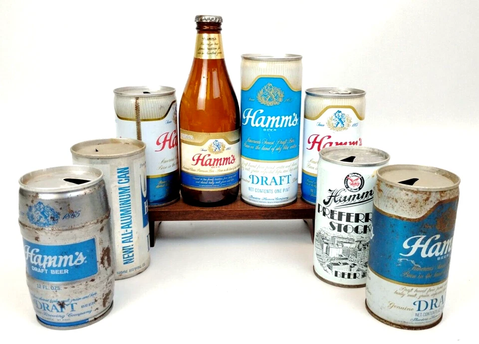 Lote de 8 latas de cerveza Hamm's Flat Top y 1 botella de vidrio ámbar stock preferido borrador Foto 1 de 4