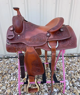 Adult Western Ranch Saddle 14-17” Floral Tooled Leather Hard Seat Natural Oiled - Image 1 of 2