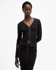 All Saints Womens Cadell V-Neck Long Sleeve Top Designer Gathered Detail - Picture 1 of 8
