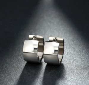 Stainless Steel Unisex Plain Simple Wide Silver Huggie Hoop Earrings - Picture 1 of 2