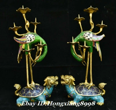 16.9" Old Copper Cloisonne Crane Dragon Turtle Candle Holder Candlestick Pair - Image 1 of 4