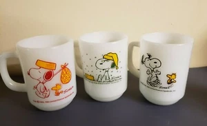 3 FIRE KING ANCHOR HOCKING SNOOPY MILK GLASS MUGS COLLECTABLE #1 - Picture 1 of 6
