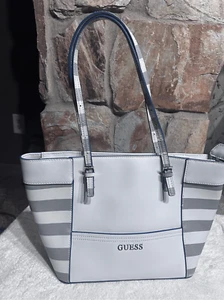 GUESS Shoulder Bag Tote Purse White & Gray Striped Adjustable Straps - Picture 1 of 18