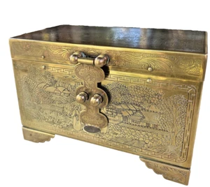 Oriental Brass Clad Engraved Footed Jewelry Vanity Box With Mirror Lined Vintage - Picture 1 of 11
