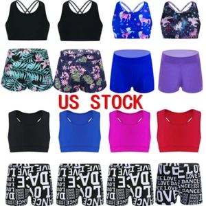 Kids Girls Sport Bra with Booty Shorts Sets Ballet Dance Gymnastics Dancewear - Picture 1 of 53
