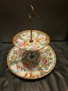 Rose Medallion Chinese Famille Rose 2 Tiered Tid Bit Serving Platter Tray - Picture 1 of 11