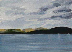ACEO Painting Lake Windermere Hills Acrylic Gouache Mini Art Sky - Picture 1 of 3