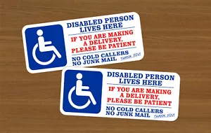 2 x Disabled Person Lives Here No Junk Mail Front Door Letter Box Sticker Sign + - Picture 1 of 2