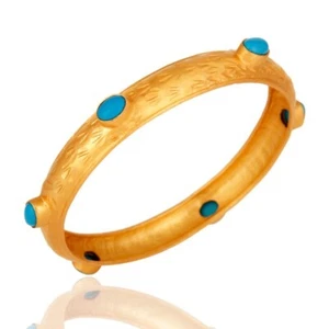 Brazaletes banda redonda textura chapados en oro amarillo hechos a mano multi turquesa - Imagen 1 de 4