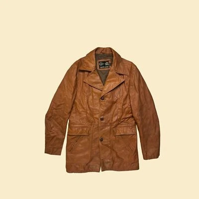 Chaqueta de cuero marrón años 70, talla 42 Tall Sears The Mens Store abrigo abotonado Foto 1 de 4