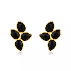 Four Stone Party Wear Stud Earrings With Multi Pear Black Onyx Gemstone Jewelry - Picture 1 of 6