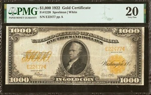FR. 1220 1922 $1,000 ONE THOUSAND DOLLARS GOLD CERTIFICATE NOTE PMG VF-20 - Picture 1 of 2