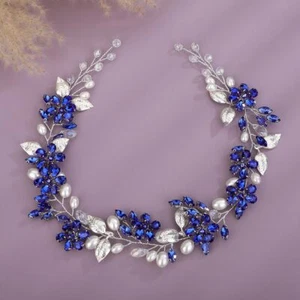 Blue Bridal Hair Vine Silver Leaf Crystal Pearl Wedding Headband Women - Picture 1 of 5