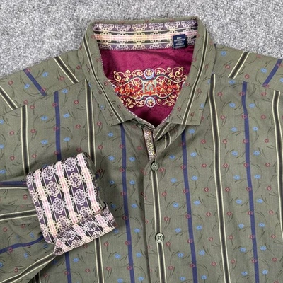 Robert Graham Mens 2XL Long Sleeve Button Up Shirt Khaki Floral Stripe Silk Trim - Image 1 of 4