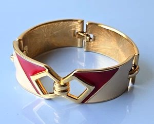 Pulsera Vintage Años 80 MONET Tono Dorado Rojo Beige Esmaltada Declaraciones 7" - Imagen 1 de 5