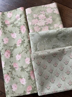 MODA Robyn Pandolph -Over 1.5 Yards Total- Pink Green Floral Cotton Fabric - VTG - Image 1 of 4