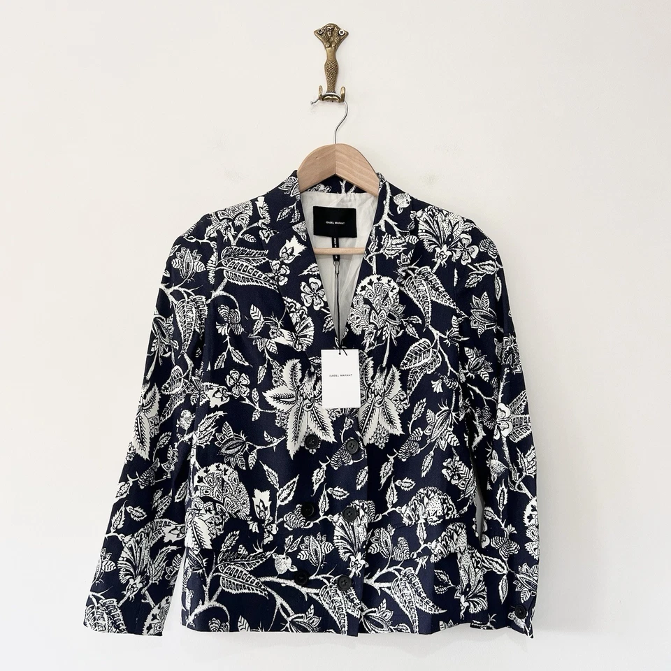 Blazer Isabel Marant floral de linho UE 36 Reino Unido 8 azul marinho botânico forrado de seda - Imagem 1 de 4