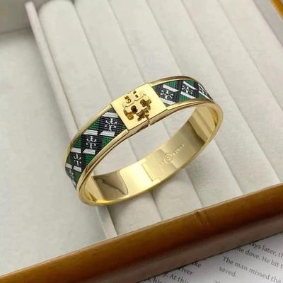 NOVO Bracelete Tory Burch Kira Banhado a Ouro Amarelo 18K Bronze Logotipo em Verde💚 - Imagem 1 de 3