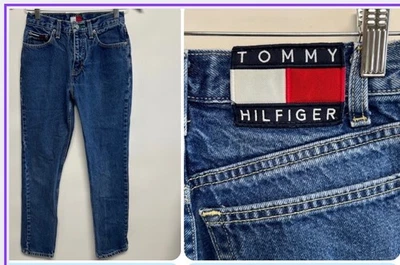 Jeans TOMMY HILFIGER de principios de los 90 26x29,5 ajustados parche grande logotipo años 90 denim vintage Foto 1 de 4
