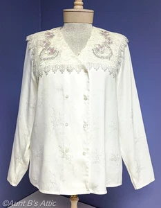 Vtg 80's Nicola Ivory Tone On Tone Polyester Crocheted Lace Collared Blouse 12 - Picture 1 of 8