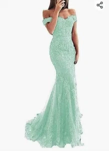 Abito da ballo verde donna senza spalle pizzo sirena abito da sera arrivo a casa - Foto 1 di 5