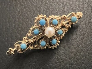 Vintage 14k Yellow Gold Turquoise & Pearl Pin Brooch Reticulated - Picture 1 of 5