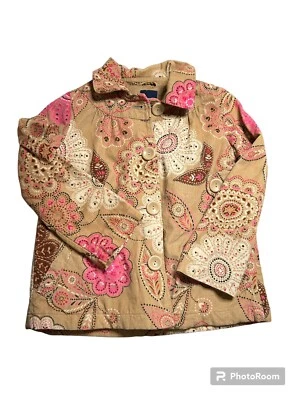 Jaqueta de veludo Gap Kids meninas paisley tamanho M 6 casaco floral rosa bronzeado em excelente estado usado - Imagem 1 de 3