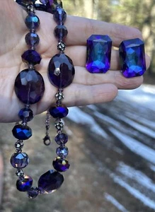 Gorgeous Deep Purple Blue Aurora Borealis Glass Beads & Comfy Clip Earrings Set - Picture 1 of 10