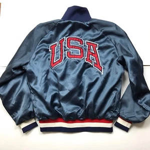 Vintage 80s USA Olympic Satin Bomber Baseball Jacket Men S M Blue Embroidered - Bild 1 von 12
