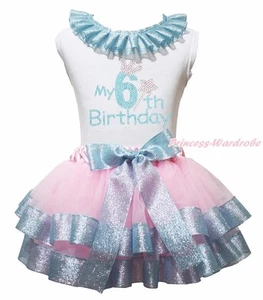 My 1ST 2ND 3RD Birthday White Top Pink Bling Blue Satin Trim Skirt Girl NB-8Year - Picture 1 of 6