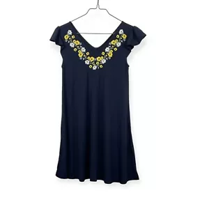 Ann Taylor Loft Blue Floral Embroidered Swing Dress Double V-Neck Size XS - Picture 1 of 6