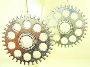 New Sprocket Spoke Gear Steampunk Silver-tone Drop Dangle Earrings 1.75" Long - Imagen 1 de 3