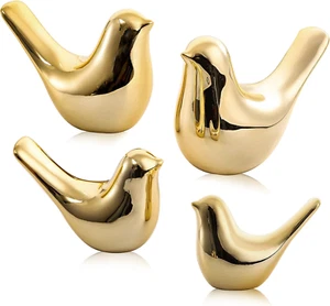 Set of 4 Gold Bird Decor Figurine, Ceramic Small Animal Statues, Home Shelf Deco - Picture 1 of 12
