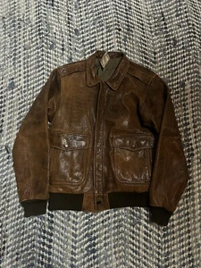 Vintage Overland Sheepskin Co Bomber Leather Patch Jacket Size L/XL - Picture 1 of 4