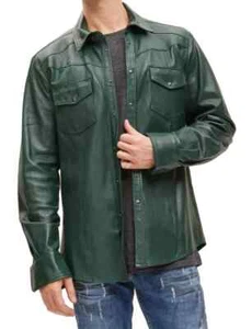 Formal Genuine Leather Classic Lambskin Green Men Stylish Casual Handmade Shirt - Picture 1 of 4