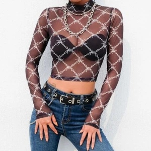 Long Sleeve Chain Print Transparent Crop Top Mesh Shirt UK SELLER - Picture 1 of 7