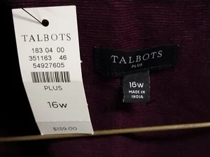 Talbots Corduroy 100% Cotton Shirt Dress 16W Eggplant Plum w/tie & Pockets NWT - Picture 1 of 7