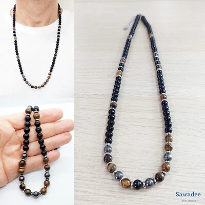 Collana da uomo in pietra naturale onice occhio di tigre ematite e acciaio inox - Immagine 1 di 4