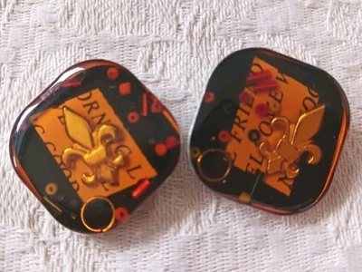 2 Unusual Vtg Collage Style Plastic Shank Buttons Fleur de Lys Tickets Confetti - Image 1 of 4