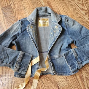 Disney Store Girls Size Small 4/5 Denim Jean Jacket Tie Front Rhinestone Gold - Picture 1 of 10