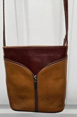 Vera Pelle Italian Leather Two-Tone Brown Crossbody Shoulder Bag Purse - Image 1 of 4