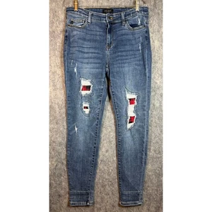 Jeans Judy blu invecchiato skinny fit bufalo a quadri patch usati in ottime condizioni - taglia 11/30 - Foto 1 di 10