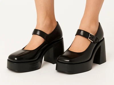 Jeffrey Campbell Mujer 8 Negro Plataforma Mary Jane Tacones Puntera Cuadrada Grueso Bloque Foto 1 de 4