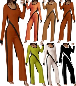 Womens Ribbed 2 Piece Set or Long Dress Color Stripe Lounge Top & Wide Leg Pants - Picture 1 of 31