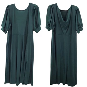 Eloquii Womens Forest Green Midi Dress Sz 16 Side Slit Puff Sleeves Draped Back - Picture 1 of 10