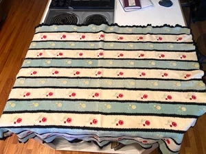 VINTAGE ROSENMUSTER HÄKELN & KREUZSTICH ÜBERWURF DECKE-TÜRKIS, WEISS-49X40" - Bild 1 von 4