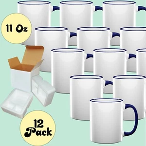 12 Pcs DARK BLUE 11oz Blank Sublimation Coffee Mugs Rim Handle Mug Foam Boxes - Picture 1 of 4