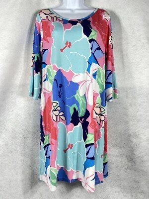 Tori Richard Honolulu T-Shirt Dress Womens Large Pink Blue Shift Stretch Floral - Image 1 of 4