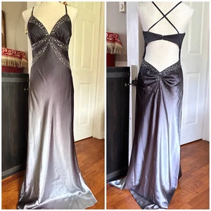 Xscape Joanna Chen Satin Beaded Sequin Gown Size 8 Gray Ombre Plunge Back - Picture 1 of 17