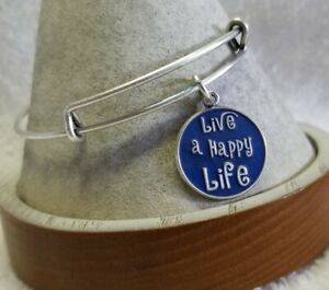 Alex & Ani Silver Charm Expandable Bangle Bracelet " Live A Happy Life " ❤